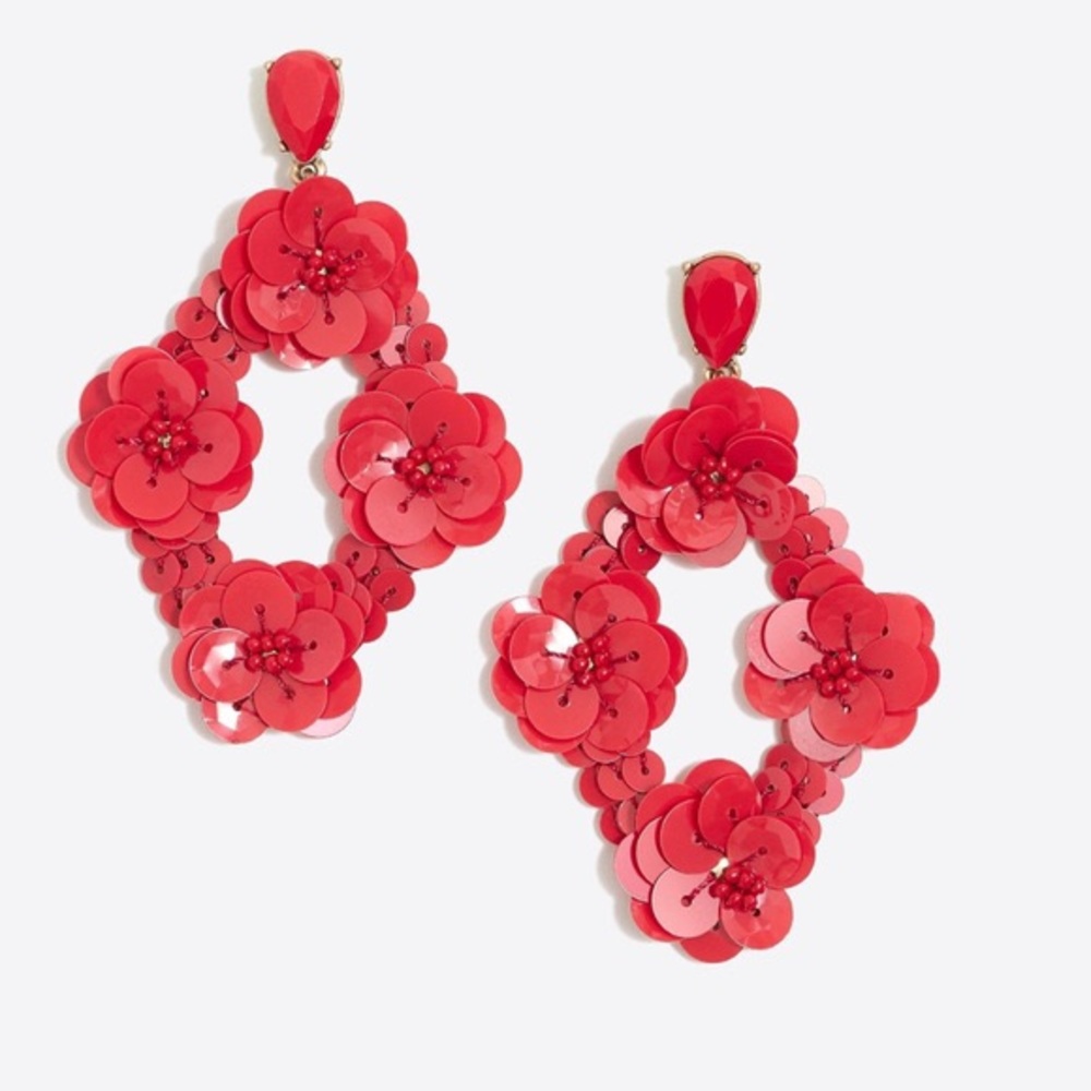 J Crew Red Sequin Floral Statement Earrings